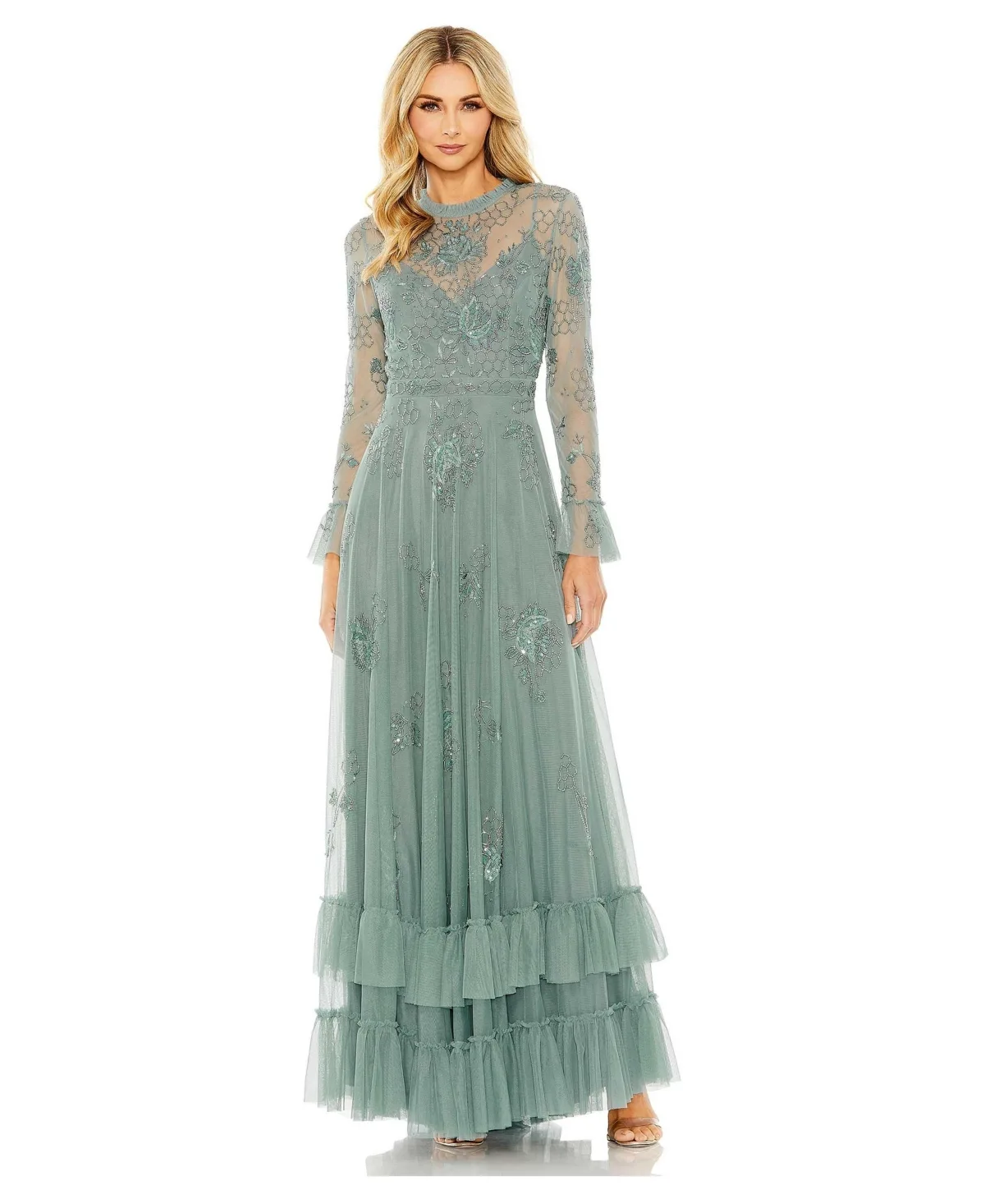 Mac Duggal Beaded Embroidered Long-Sleeve Gown