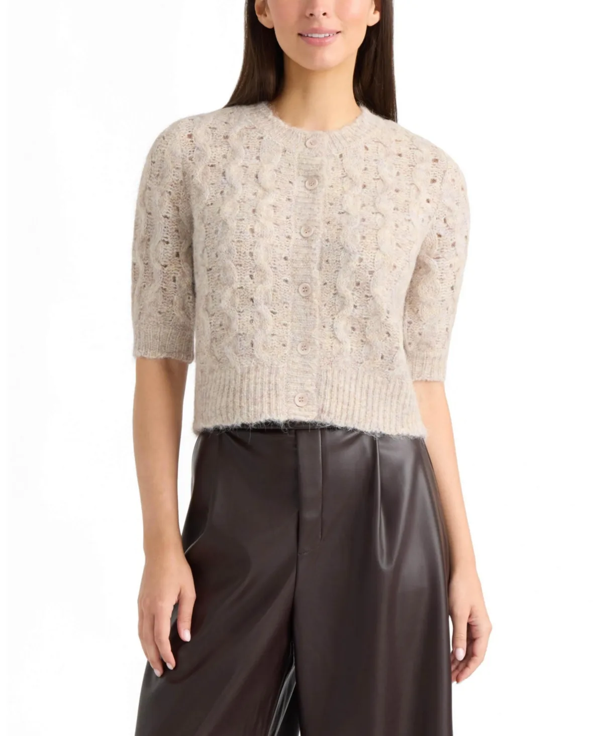 Cable Knit and Pointelle Short Sleeve Cardigan
