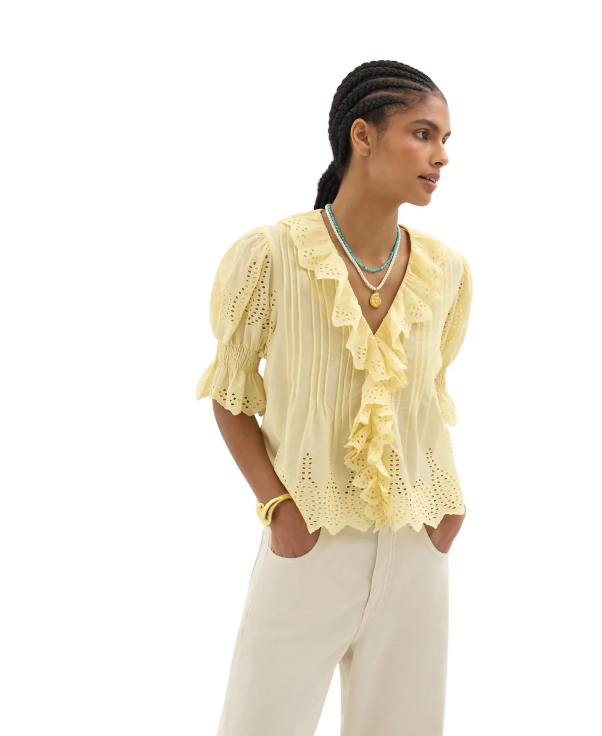 Koa Short-Sleeve V-Neck Ruffle Blouse by Hush