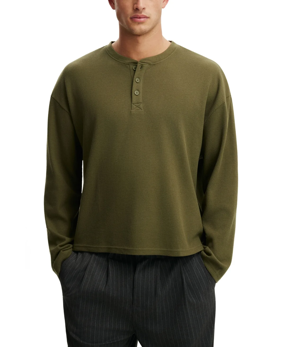 Long-Sleeve Waffle-Knit Henley by Cotton on