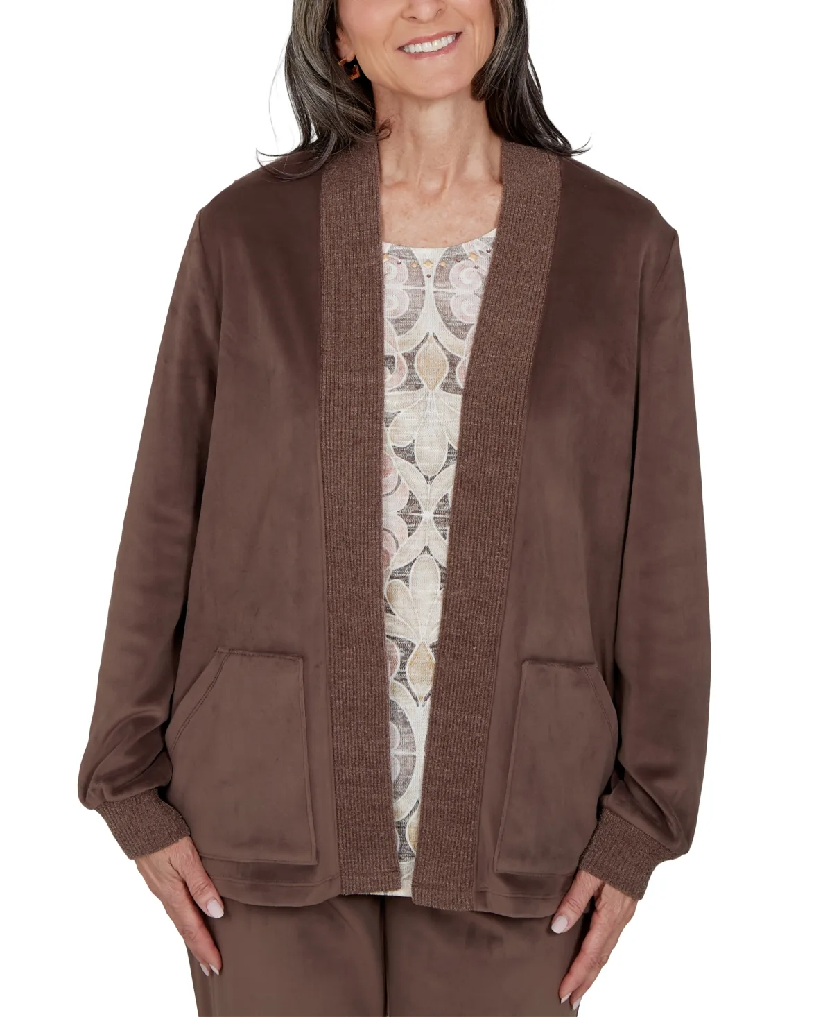 Shawl-Collar Pocket Long-Sleeve Cardigan Sweater by Alfred Dunner