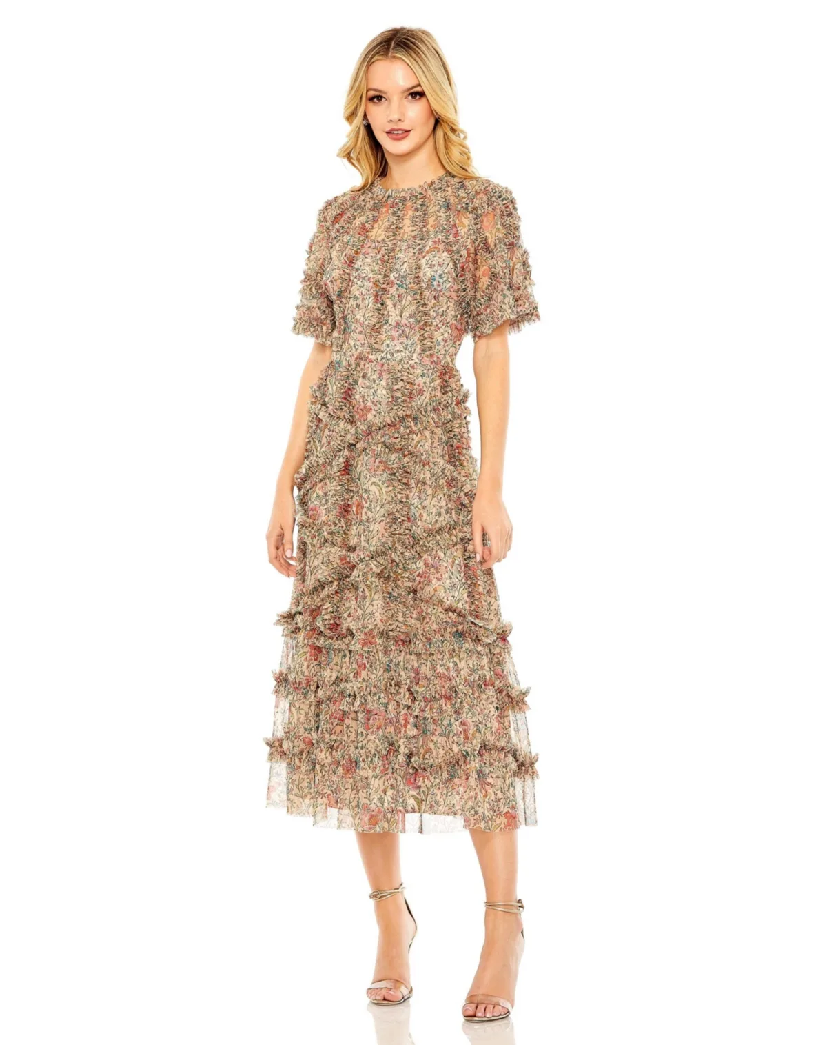Mac Duggal Floral Flutter Sleeve Mesh Print Dress by M.A.C.