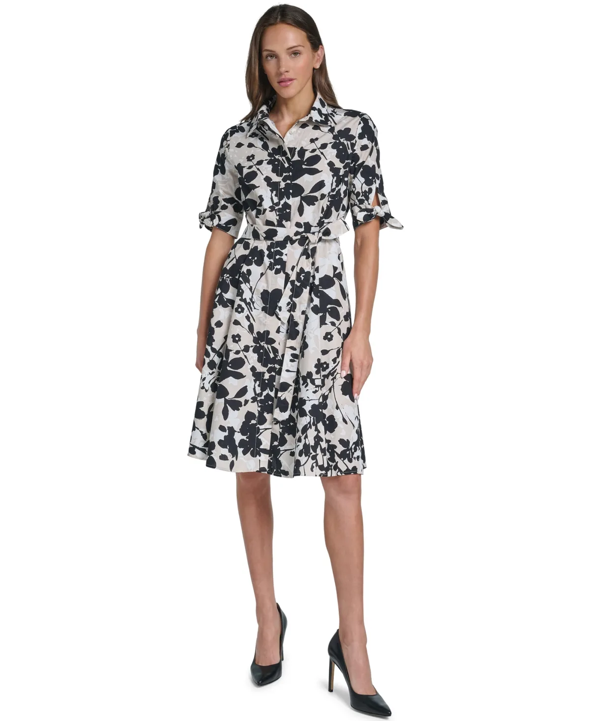 Floral 3/4-Sleeve Self-Tie Shirt Dress by Calvin Klein