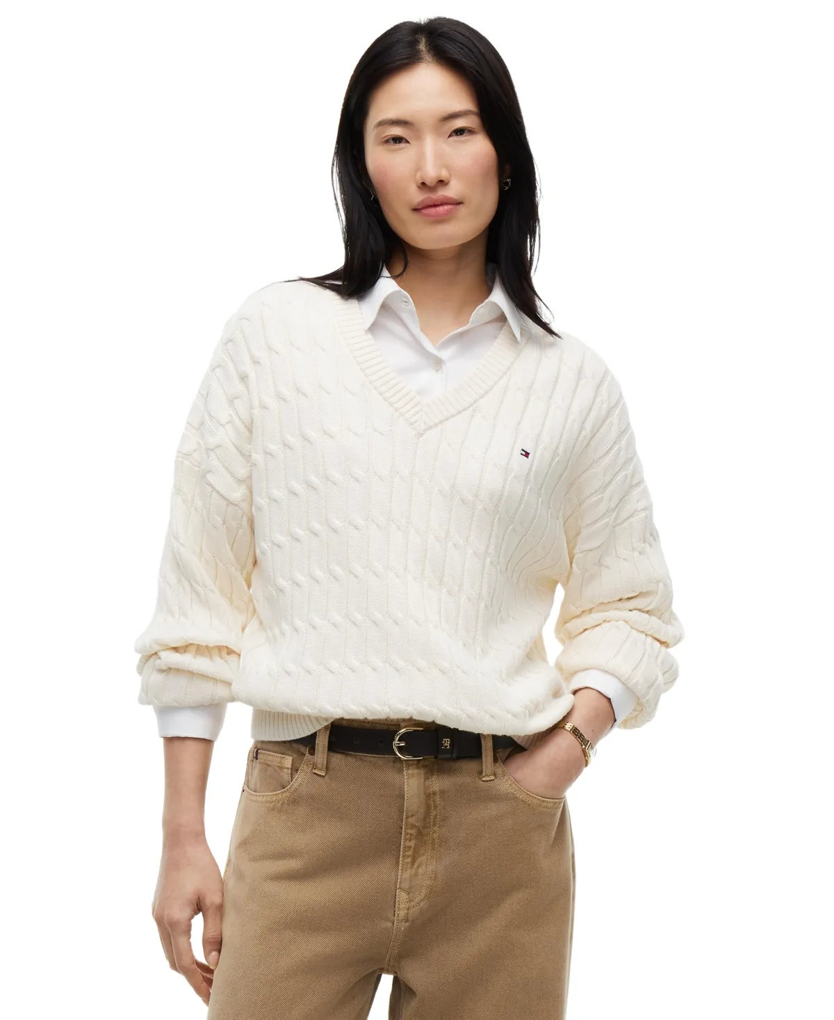 Cable-Knit V-Neck Long-Sleeve Sweater by Tommy Hilfiger