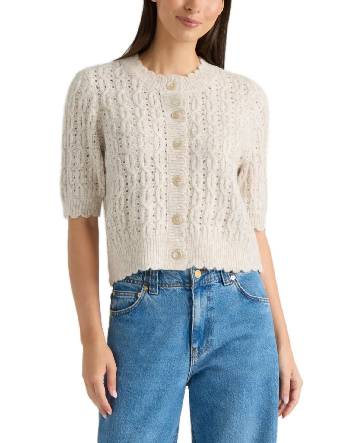 Openwork Scalloped-Edge Short-Sleeve Cardigan by Ellen Tracy