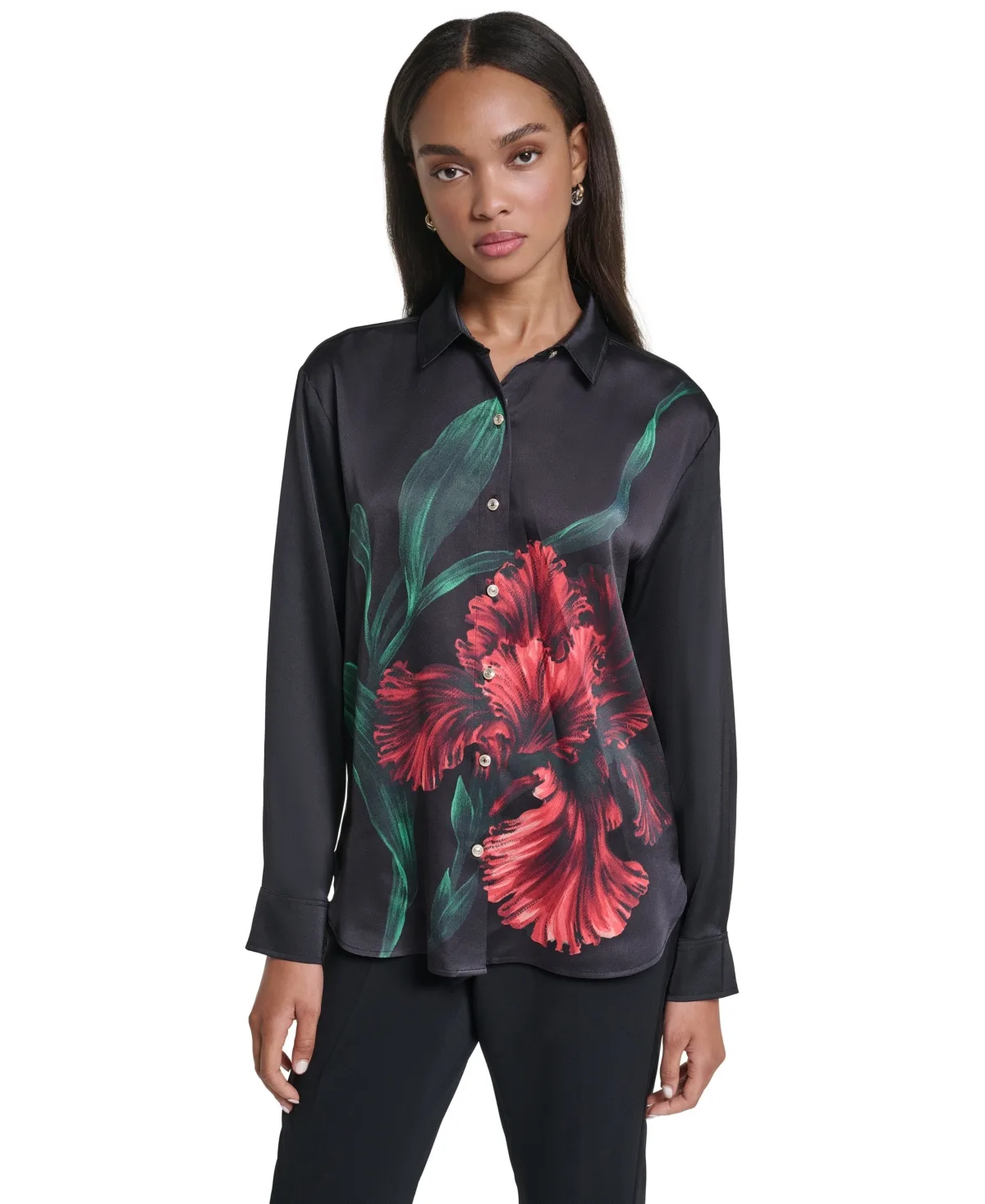 Long-Sleeve Floral-Print Satin Blouse by Karl Lagerfeld