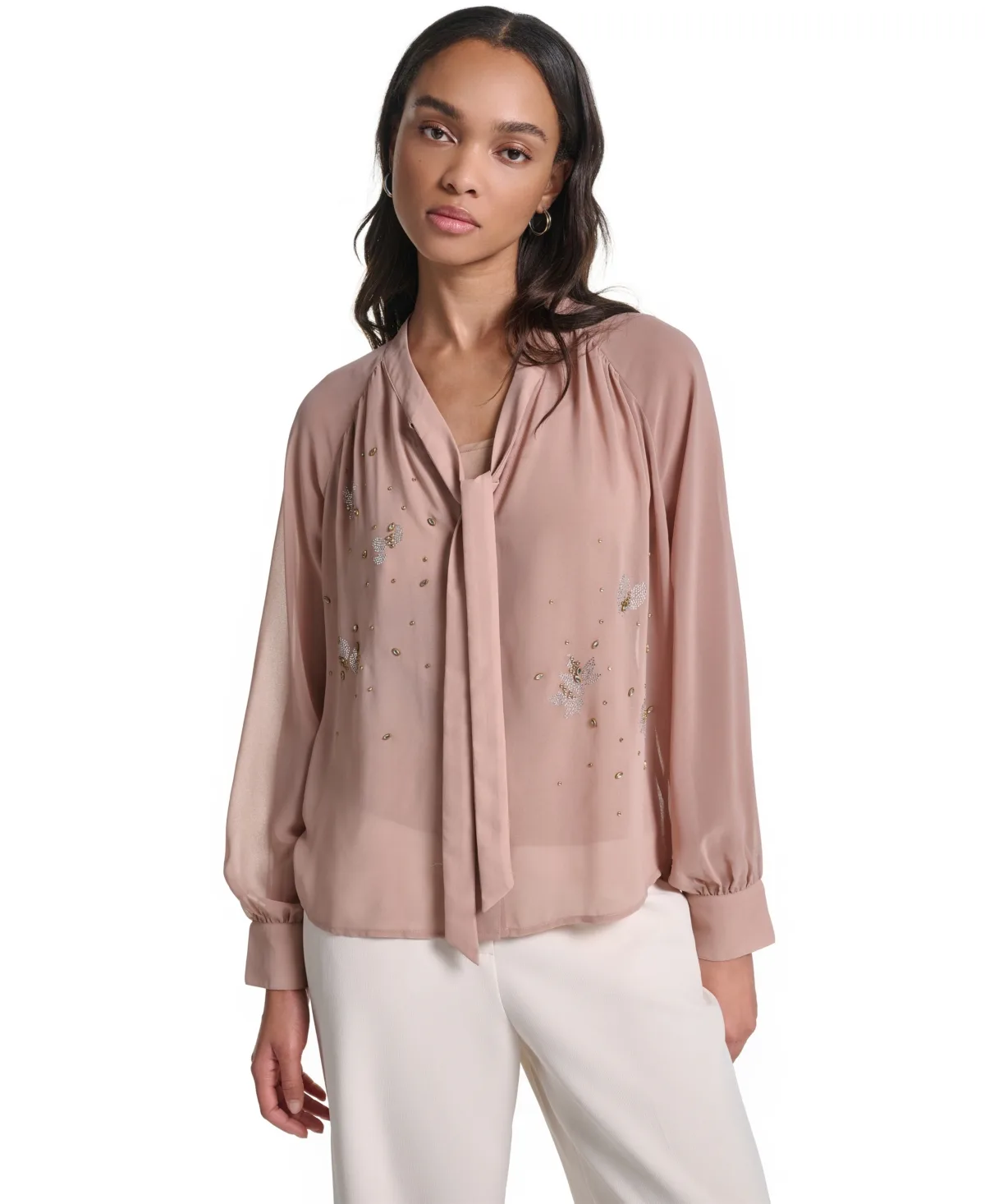 Tie Neck Long-Sleeve Chiffon Blouse