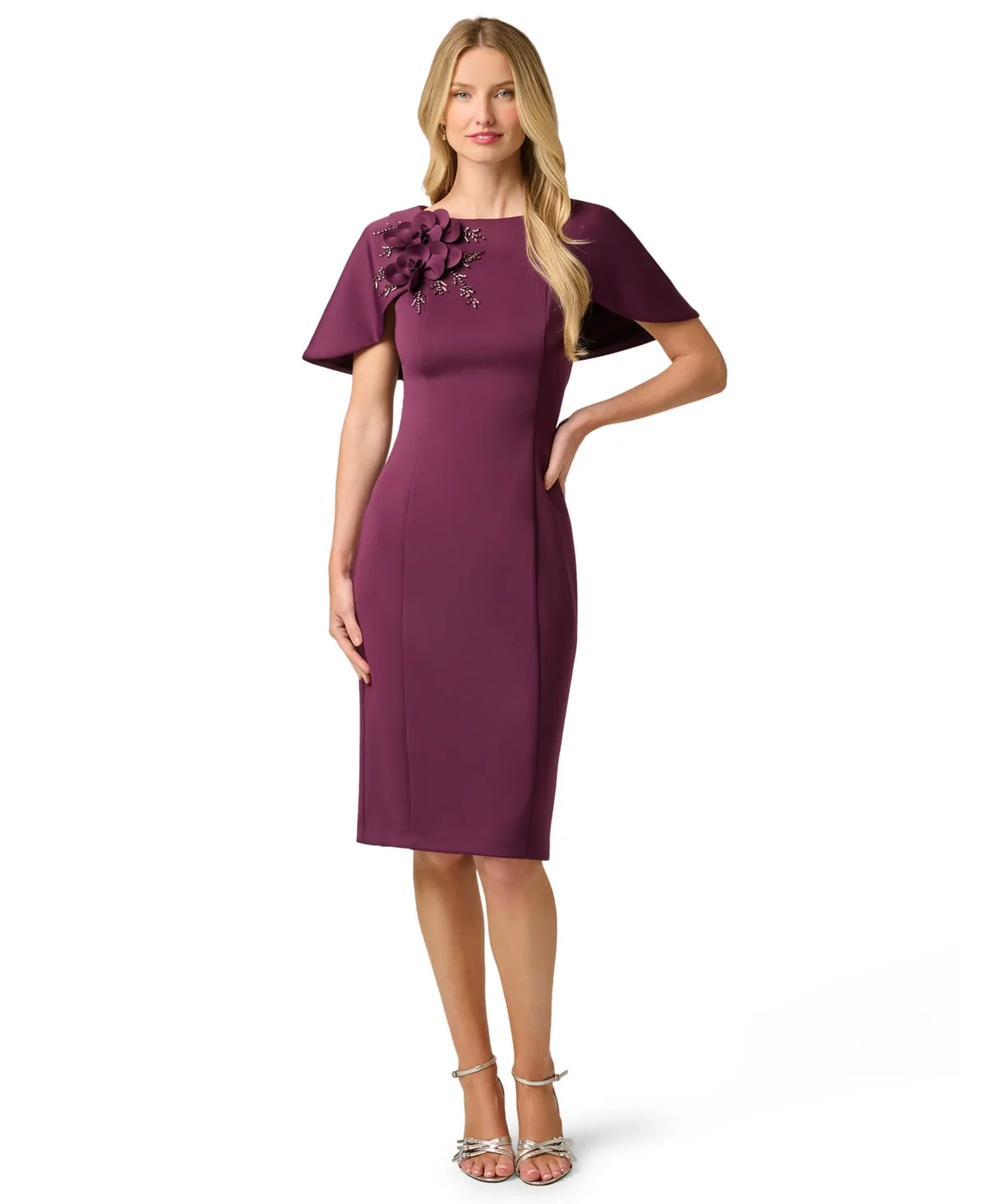 Embellished Cape-Sleeve Sheath Dress by Adrianna Papell