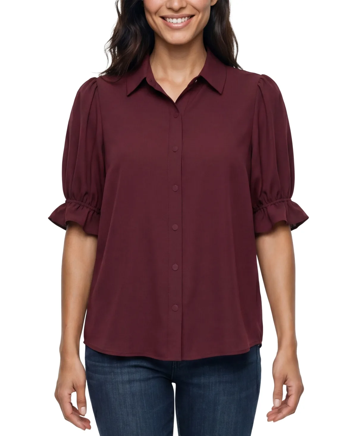 Elbow Puff Sleeve Snap Front Collar Top by Liverpool Los Angeles