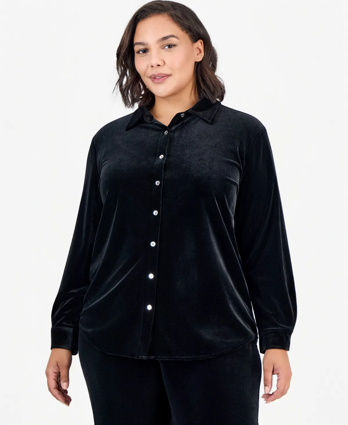 Essentials Long-Sleeve Velvet Button-Front Top by Anne Klein