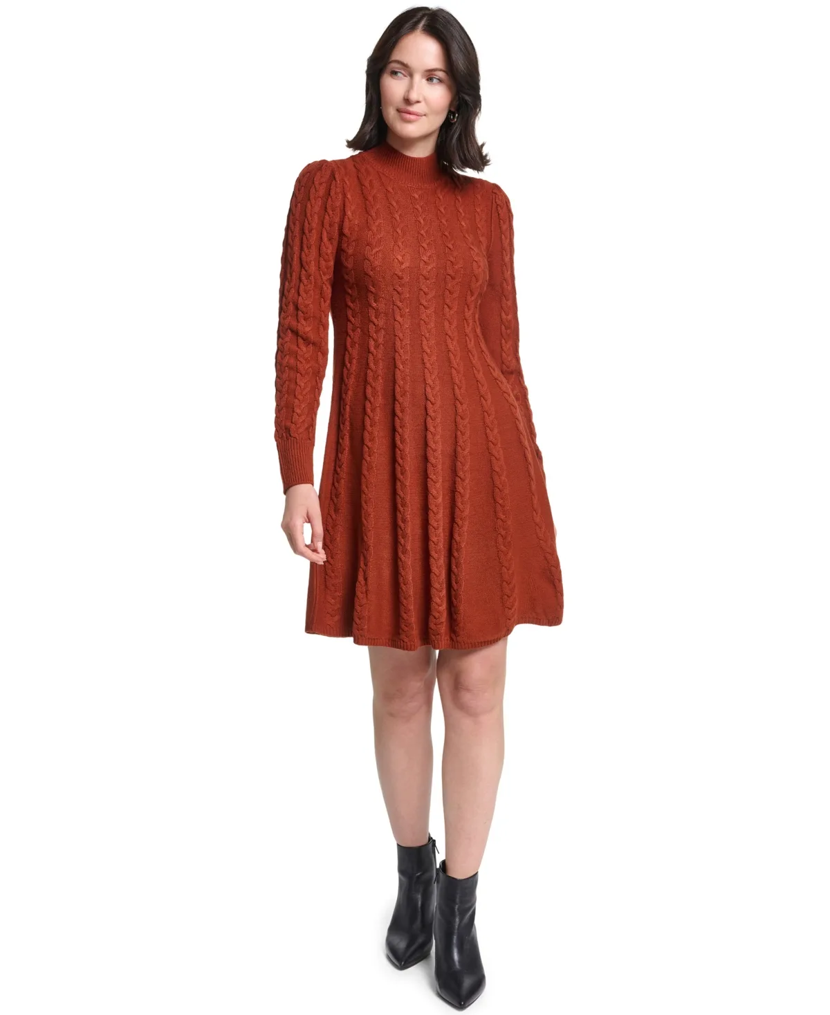 Long-Sleeve Cable Fit & Flare Mock Neck Knee Length Dress