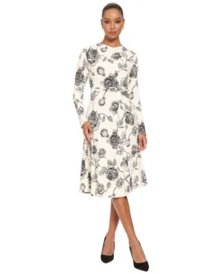 Floral Print Long Sleeve Cowl Neck Midi Dress by London Times
