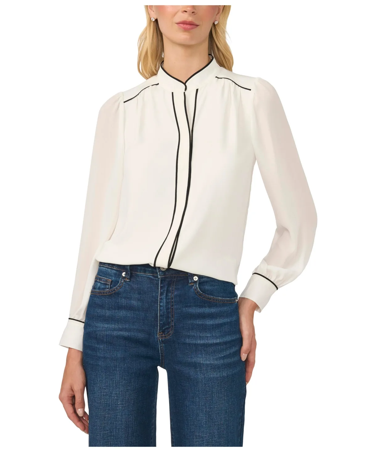 Long-Sleeve Open-Collar Blouse with Contrast Piping by CeCe