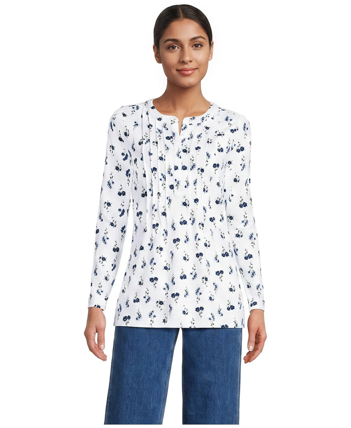 Long Sleeve Lightweight Jersey Pintuck Button Tunic Blouse by Lands' End