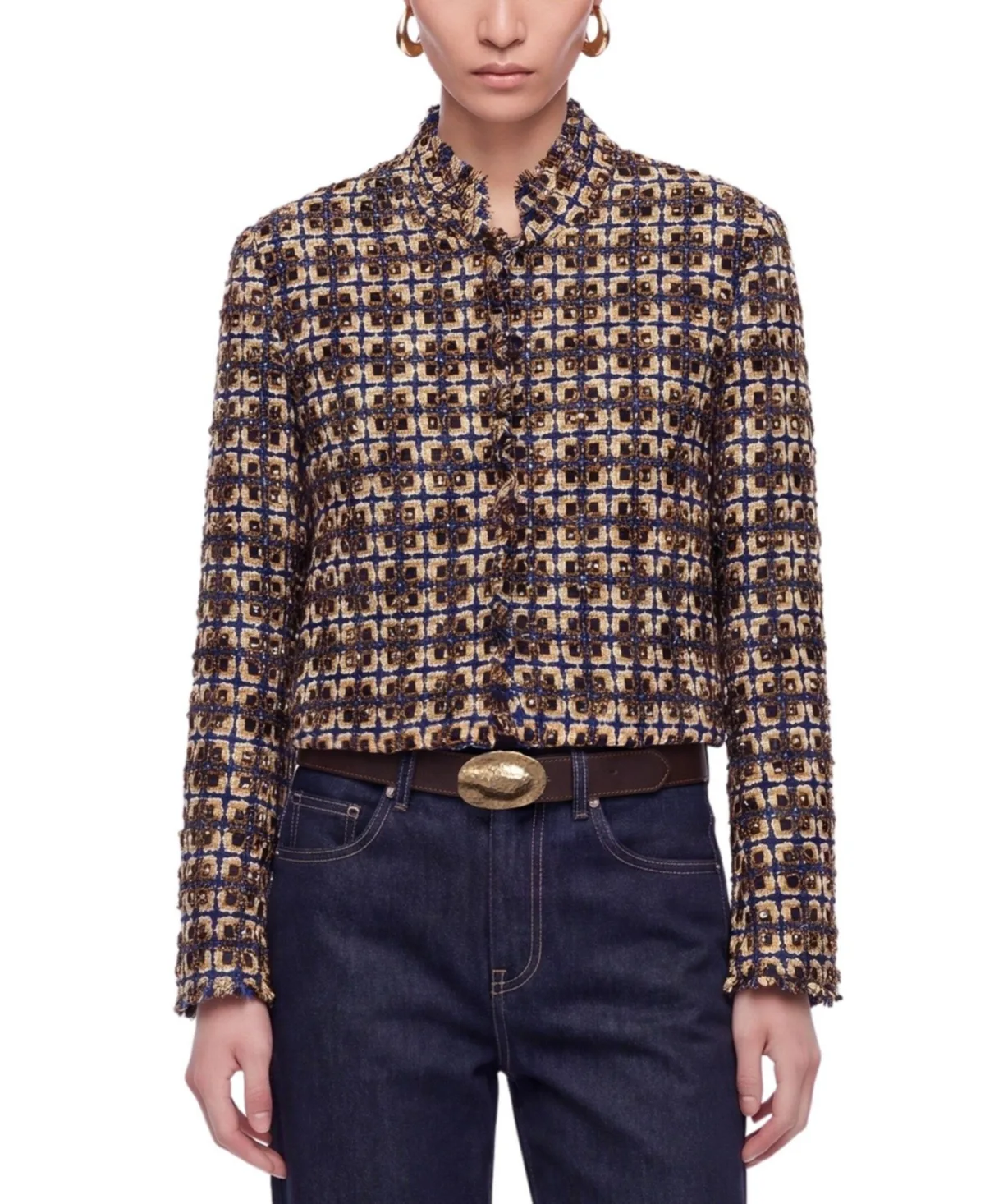 Cropped Tweed Frayed-Edge Jacket by Nocturne