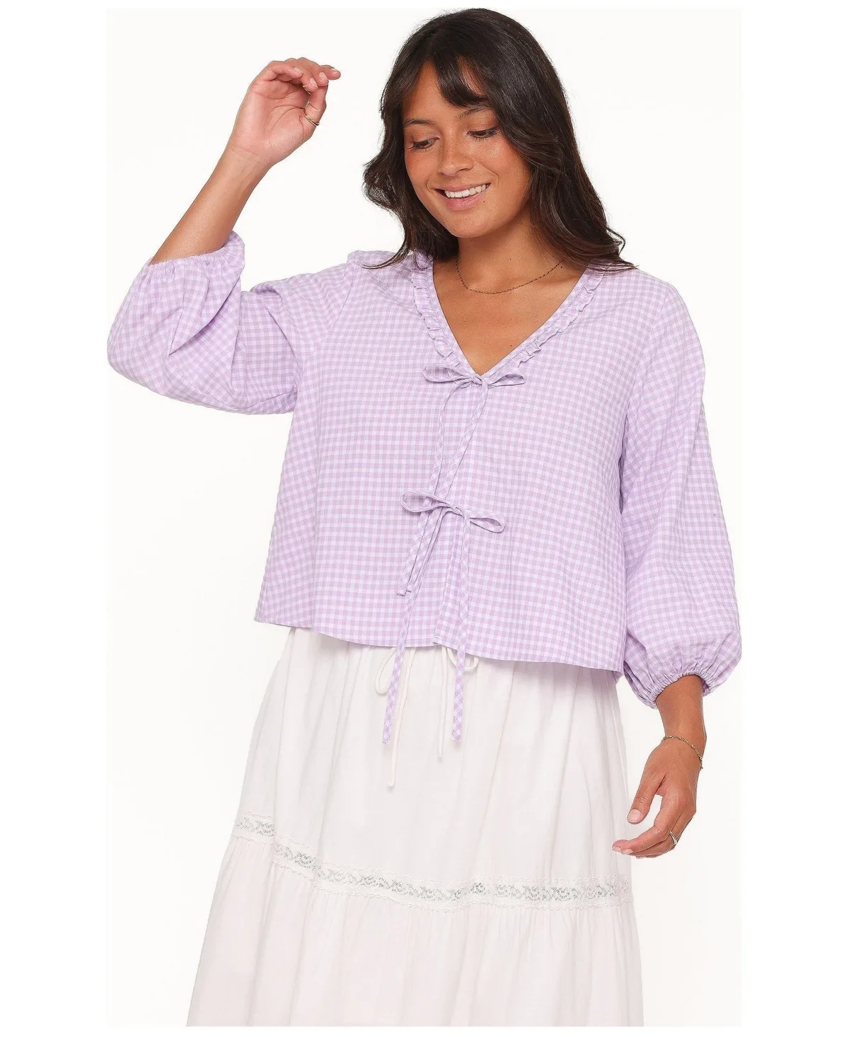Fainche Front Tie Ruffle Trim Long Sleeve Top by Petal and Pup