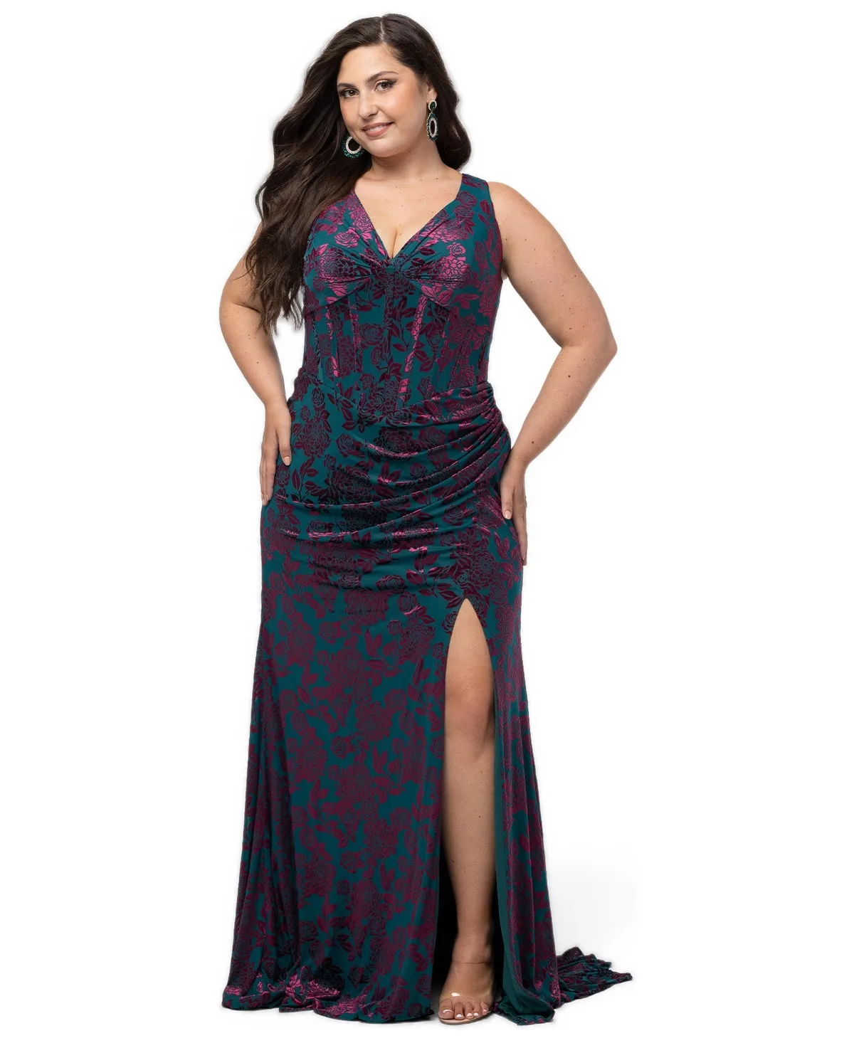 Spellbound Velvet-Burnout Floral-Print Corset Bodice Gown by Sydneys Closet