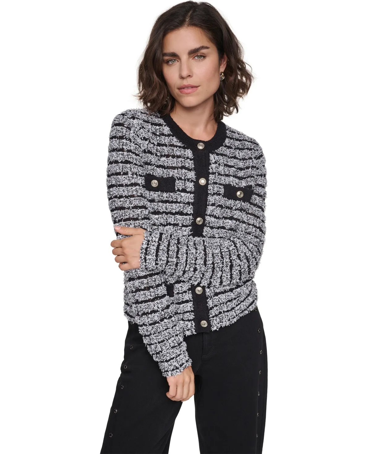 Fuzzy-Knit Crewneck Contrast-Trim Cardigan Sweater by Karl Lagerfeld