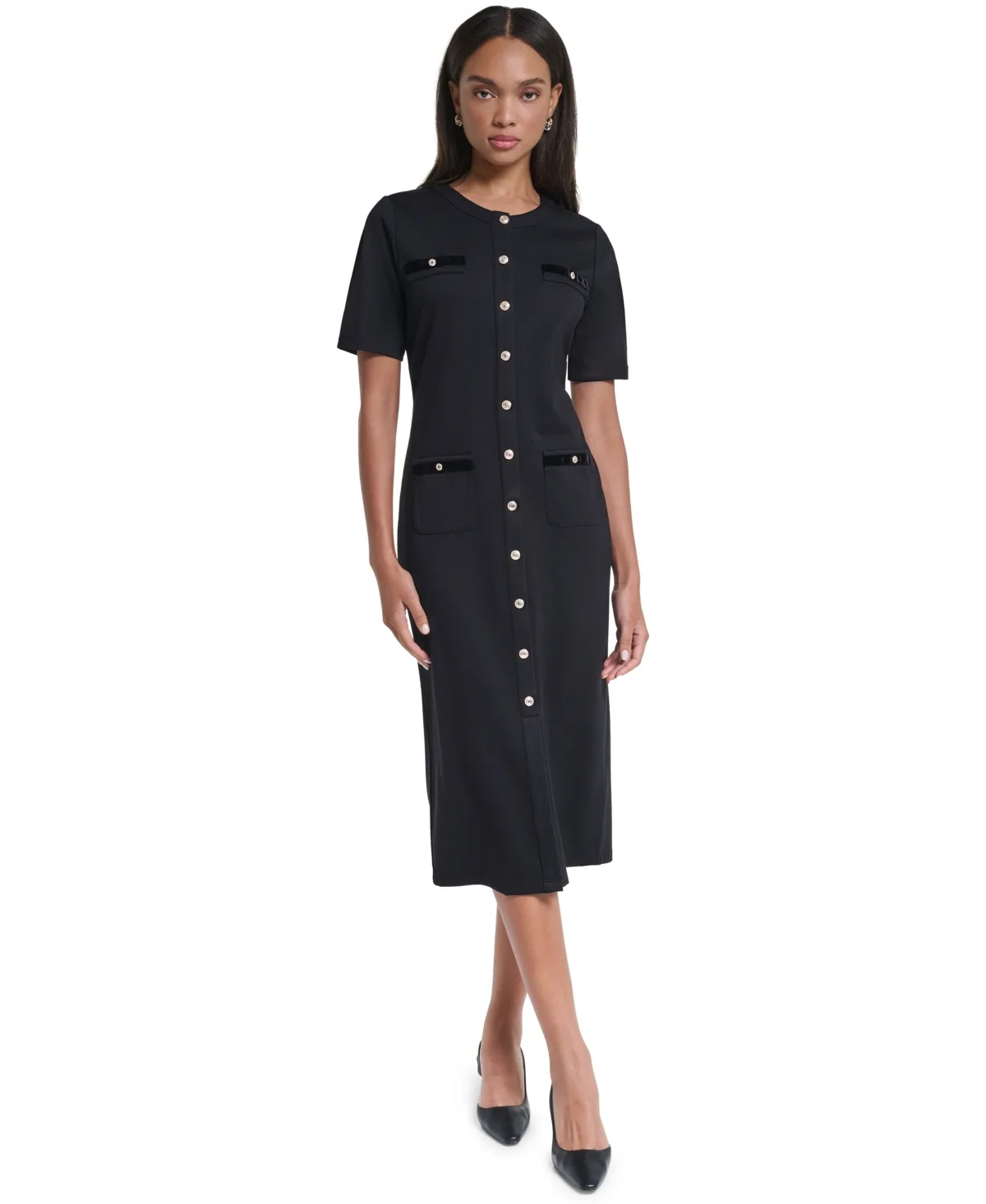 Button-Front Knit Midi Crewneck Short-Sleeve Dress by Karl Lagerfeld