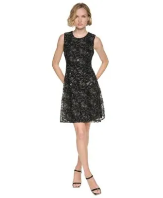 Floral Print Lace Fit Flare Dress by DKNY