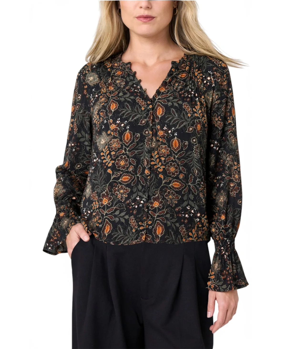 Floral Satin Pintuck Long-Sleeve Blouse