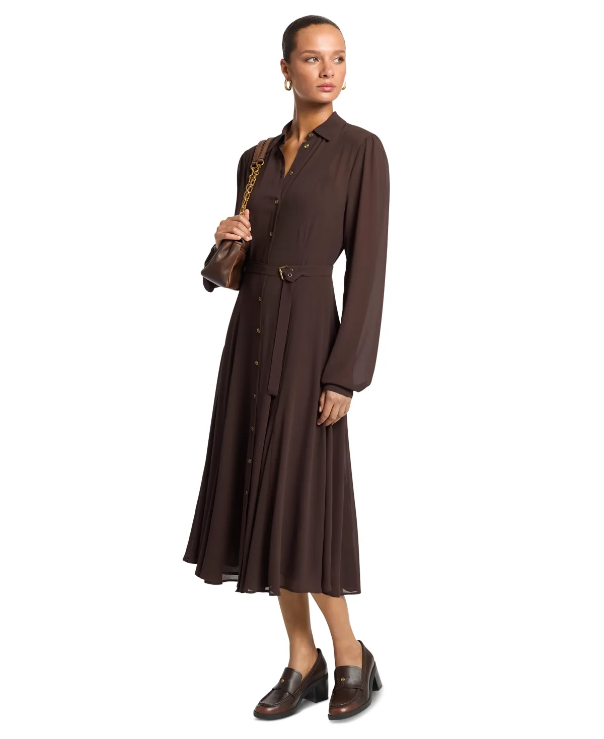 Long-Sleeve Midi Fit-and-Flare Shirt Dress