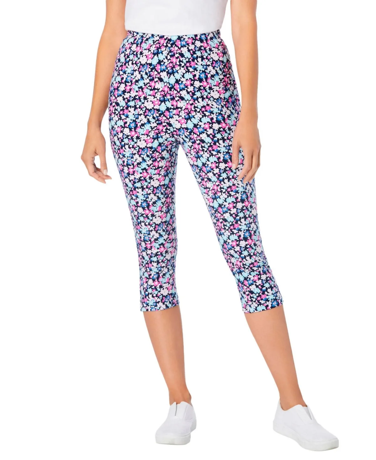 Stretch-Cotton Knit Pull-On Printed Capri Leggings by Woman Within