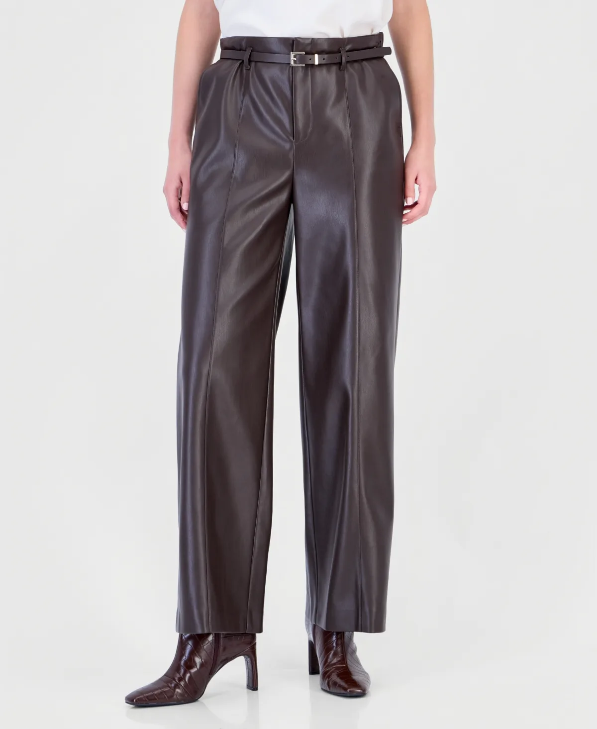 Pull-On High-Waisted Slim-Straight Polyurethane Pants by Tahari