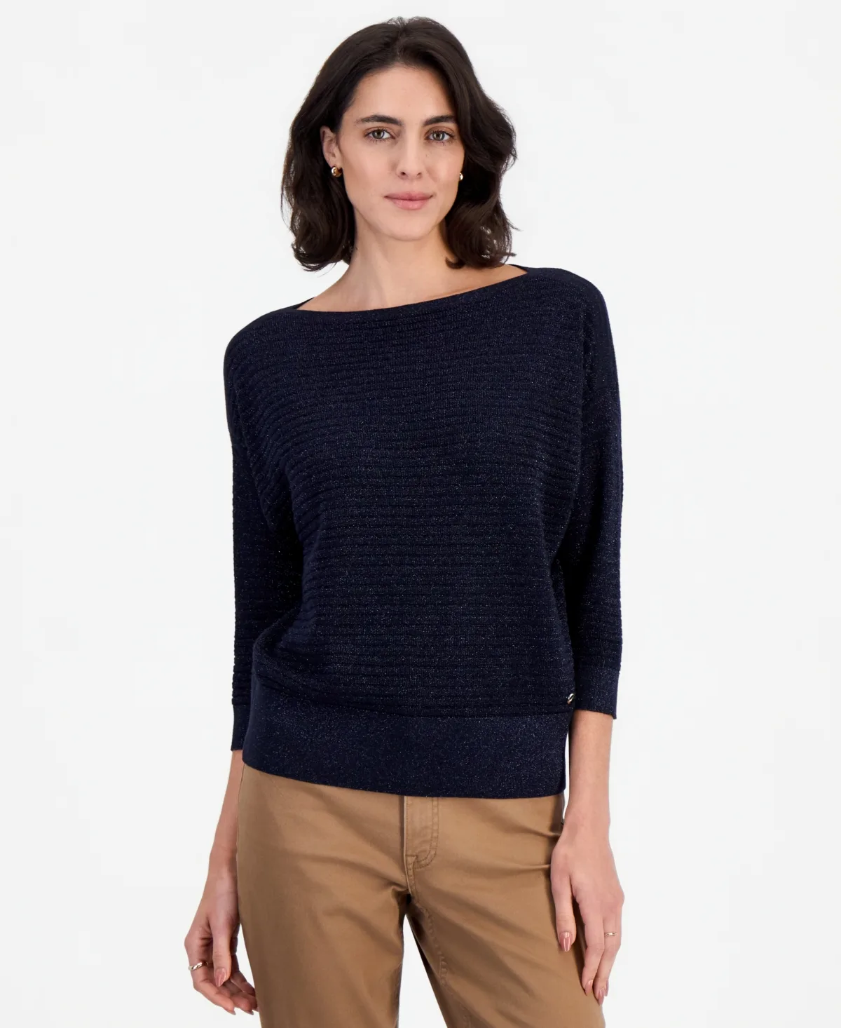 Lurex-Knit 3/4-Length-Sleeve Boatneck Sweater