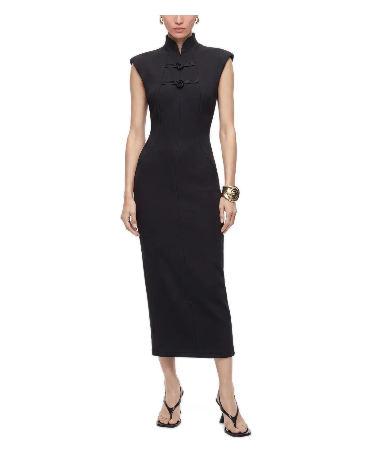 Padded Shoulder Button Detail Maxi Dress by Nocturne