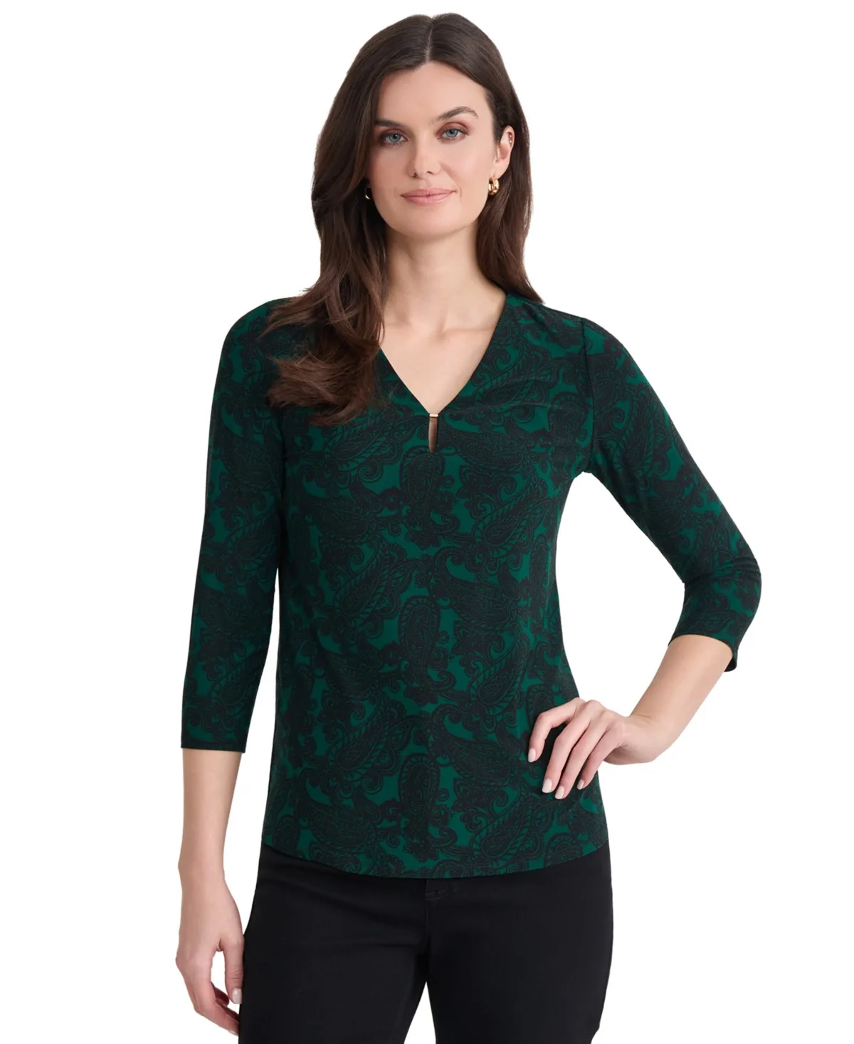 V-Neck 3/4-Sleeve Paisley-Print Blouse by Jones New York