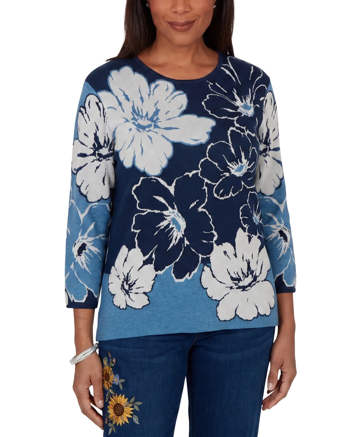 Floral-Print 3/4-Sleeve Crewneck Sweater