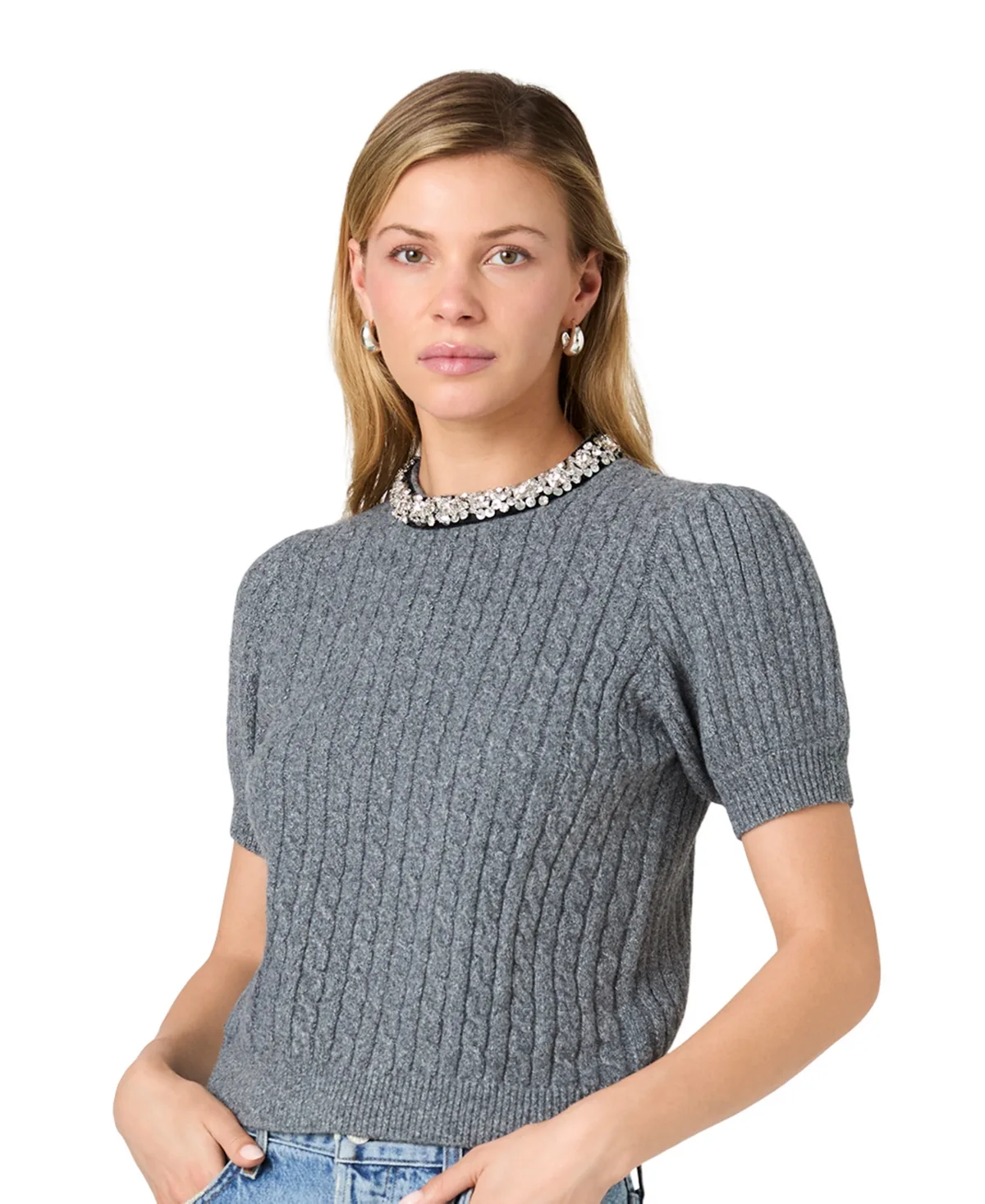Avea Cable-Knit Embellished Short-Sleeve Sweater by French Connection