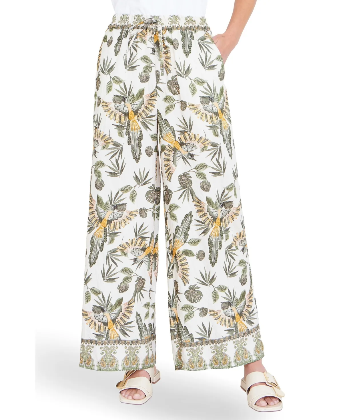 Bird Print Viscose Wide Leg Trousers
