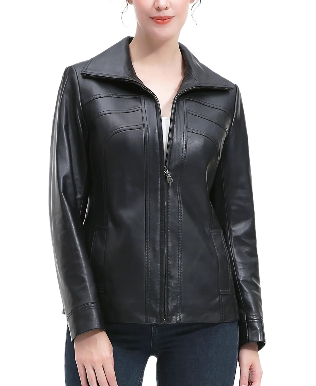 Sara Stitched Yoke Leather Scuba Jacket by Bgsd