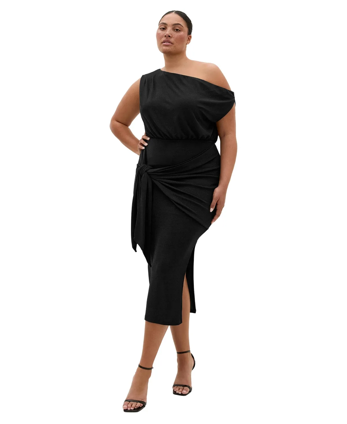 Paloma One-Shoulder Metallic Wrap Midi Dress by City Chic