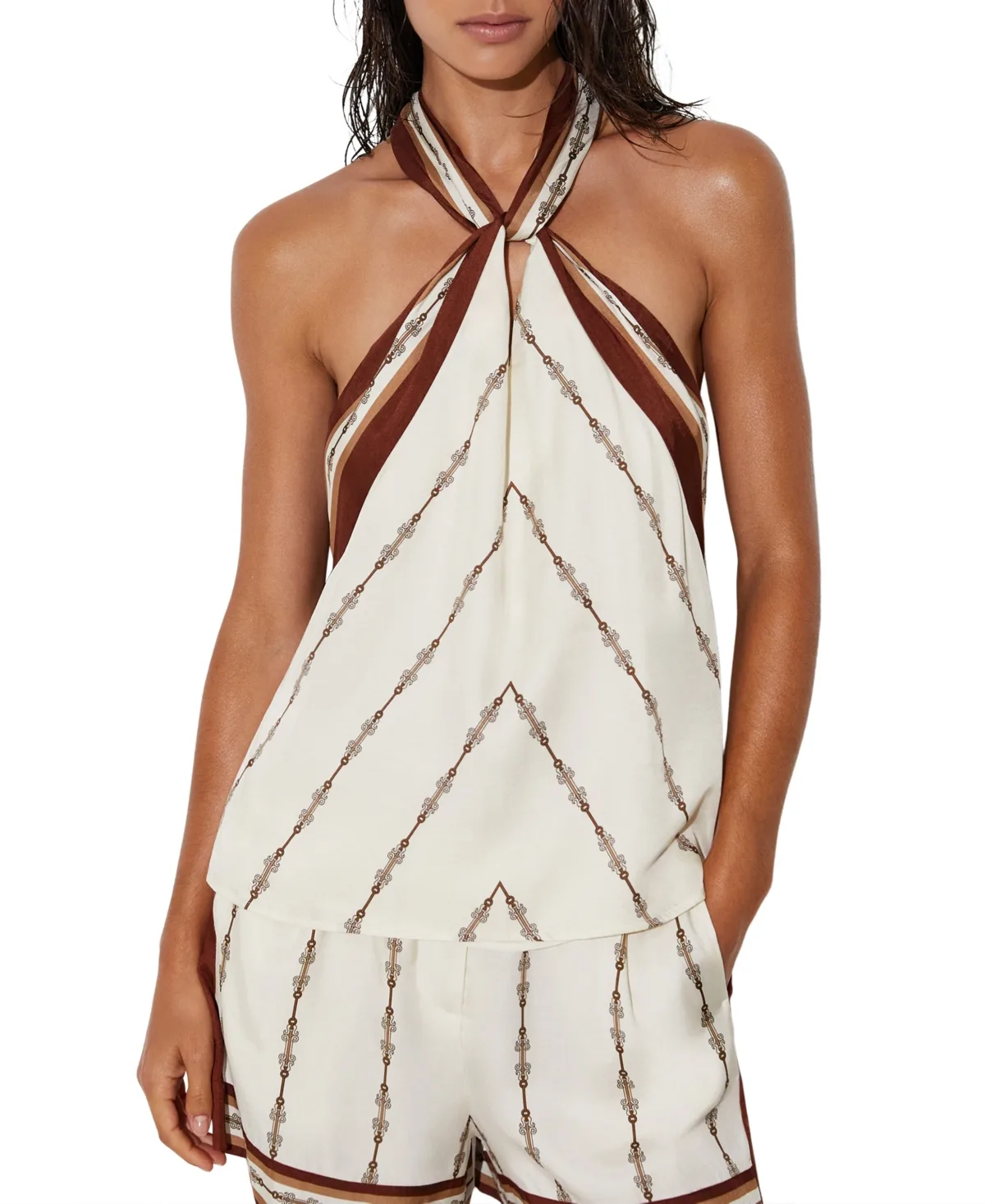 Jayce Chain-Print Halterneck Satin-Finish Swim Top by Reiss