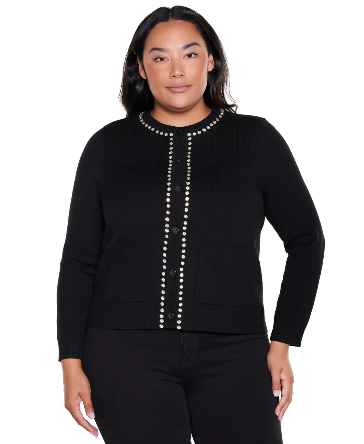 Embellished Long-Sleeve Crewneck Cardigan Sweater