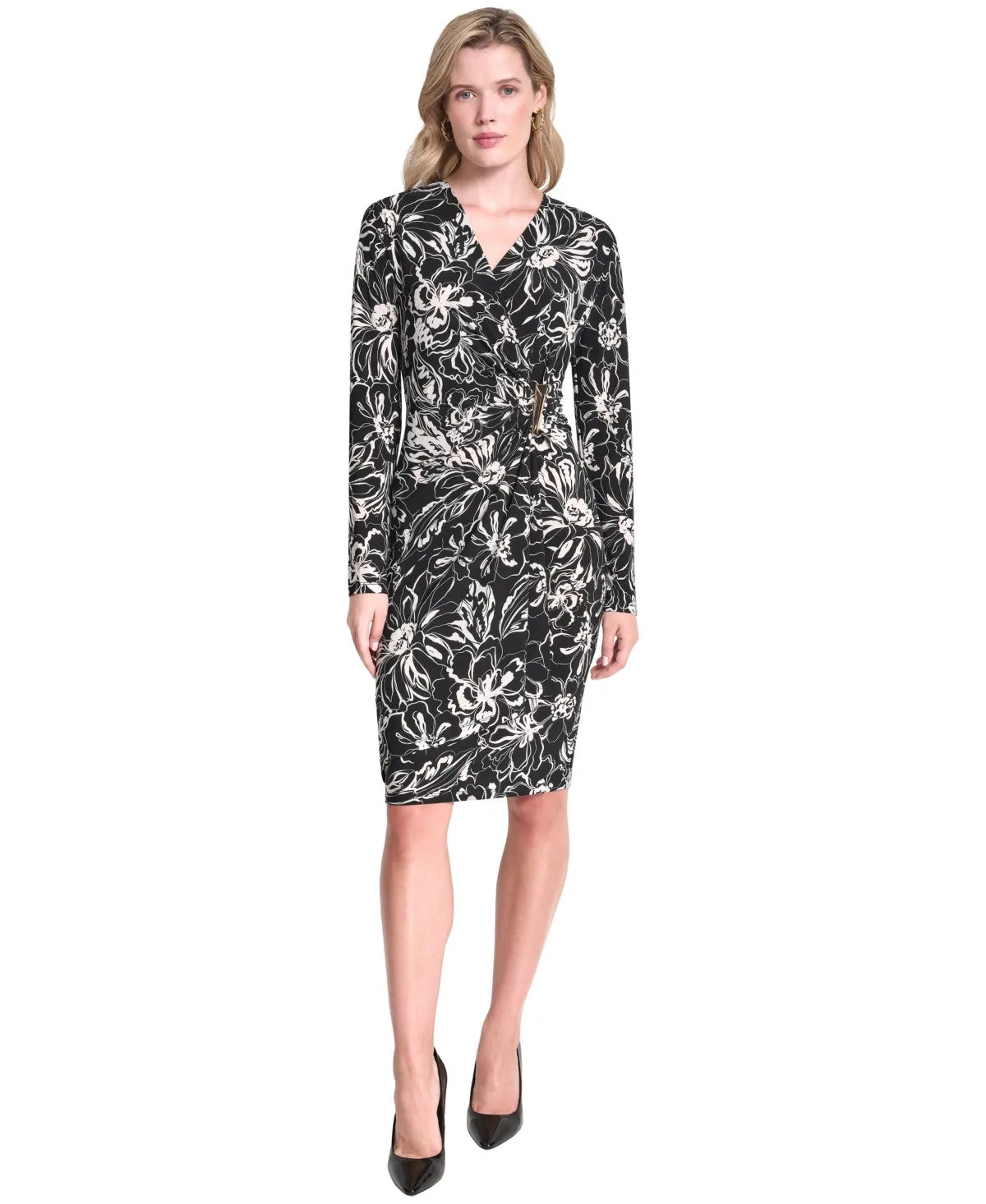 Long-Sleeve V-Neck Faux-Wrap Dress