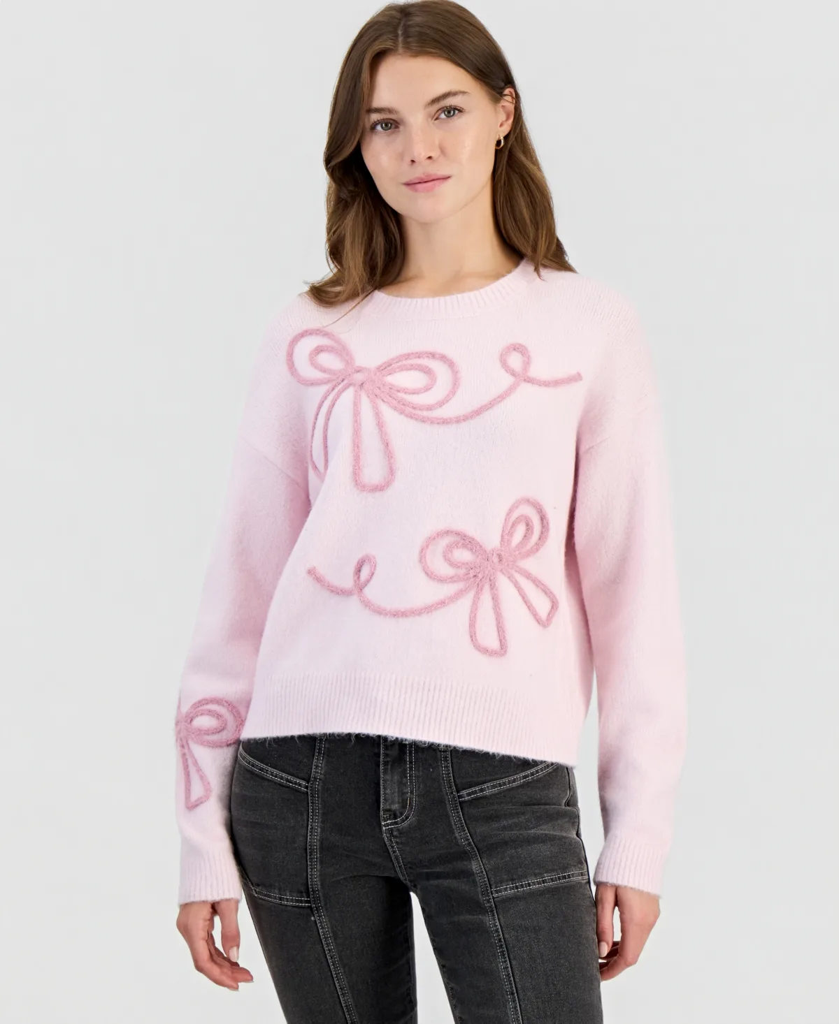 Feather Soutache Bow Long-Sleeve Crewneck Sweater by Hooked Up by Iot