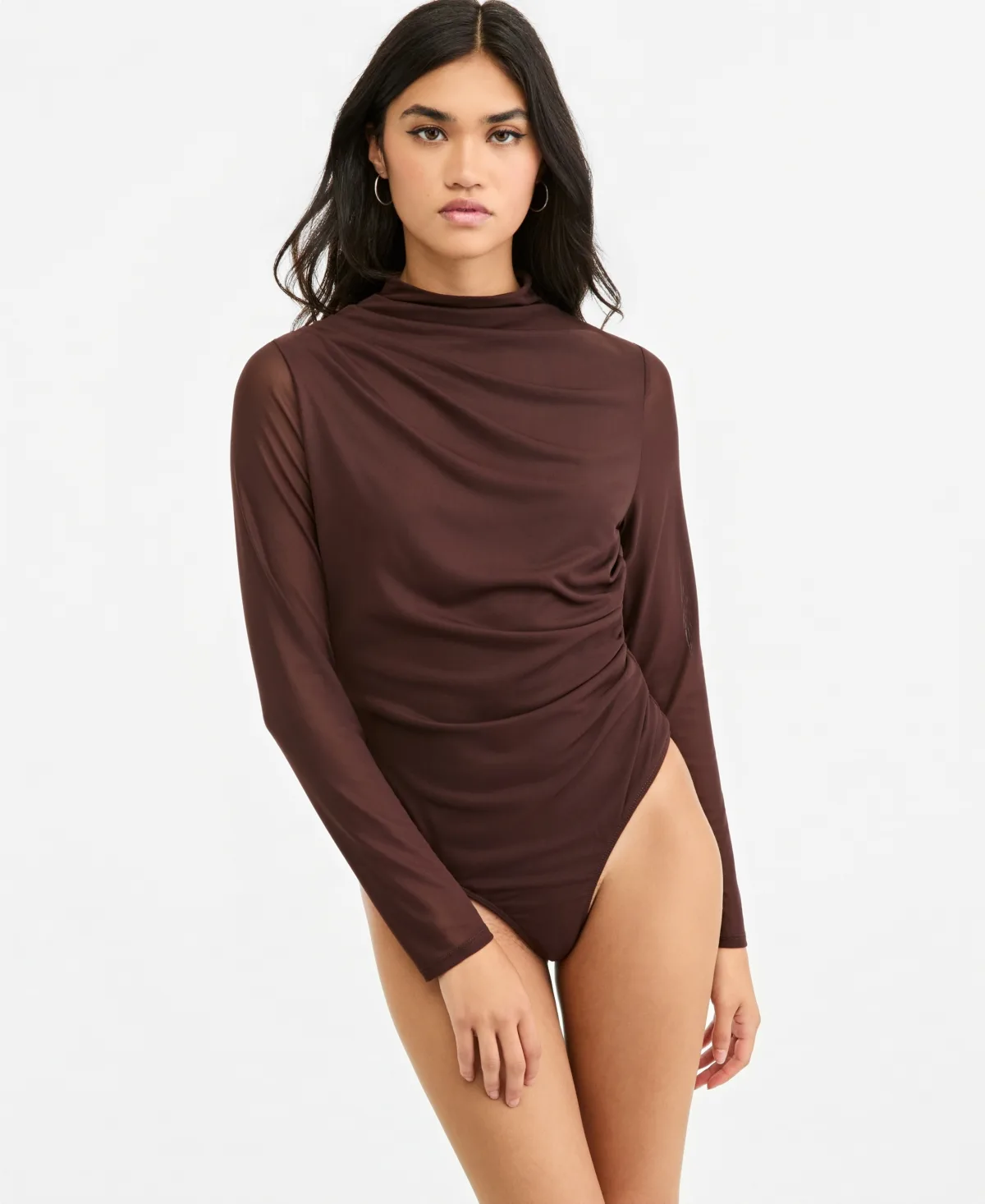 Long-Sleeve Asymmetrical-Pleating Mock-Neck Bodysuit