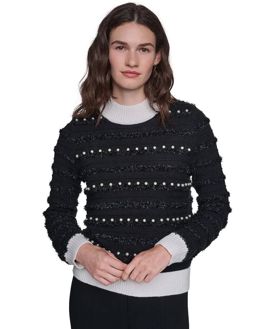 All Over Imitation Pearl Mock Neck Long-Sleeve Striped Sweater