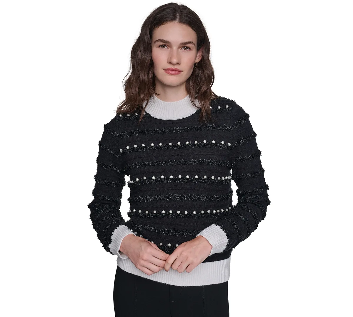 All Over Imitation Pearl Mock Neck Long-Sleeve Striped Sweater by Karl Lagerfeld