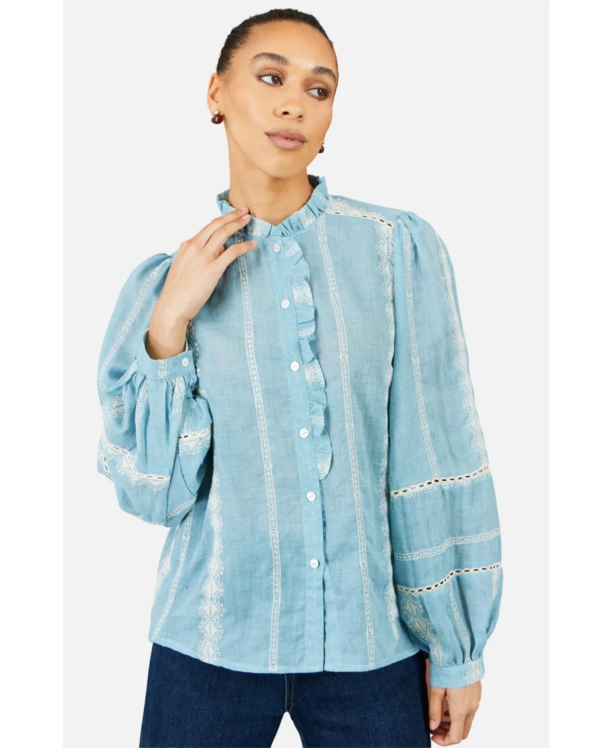 Long-Sleeve Button-Up Mandarin Collar Blouse by Yumi