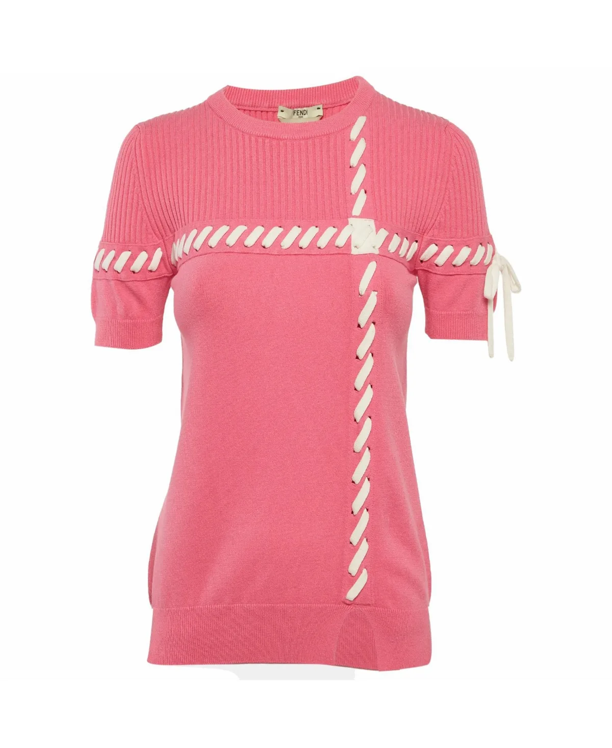 Ribbed Knit Lace-Up Short-Sleeve Crewneck Top by FENDI