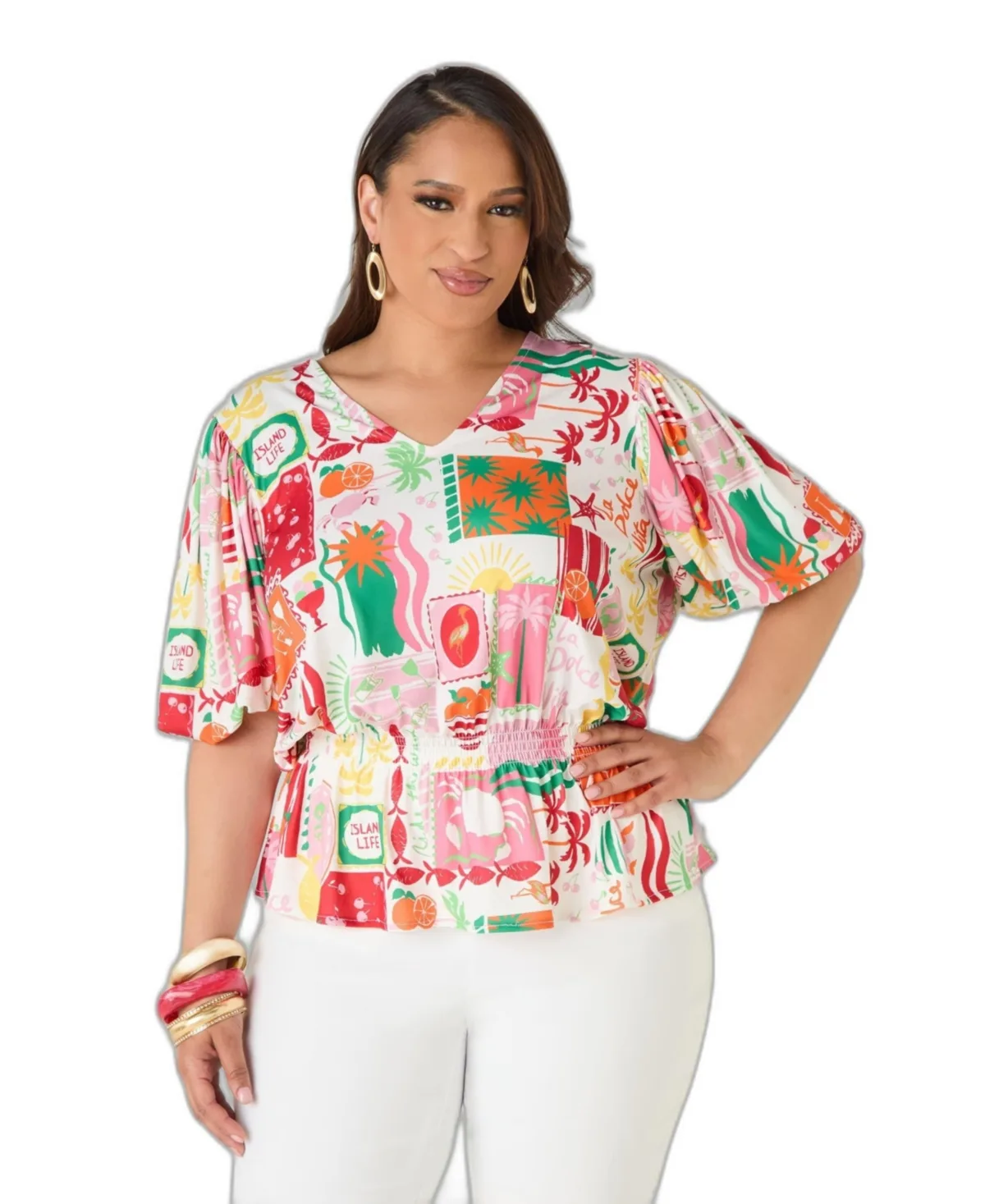 V-Neck Peplum Bubble-Sleeve Blouse by Ashley Stewart