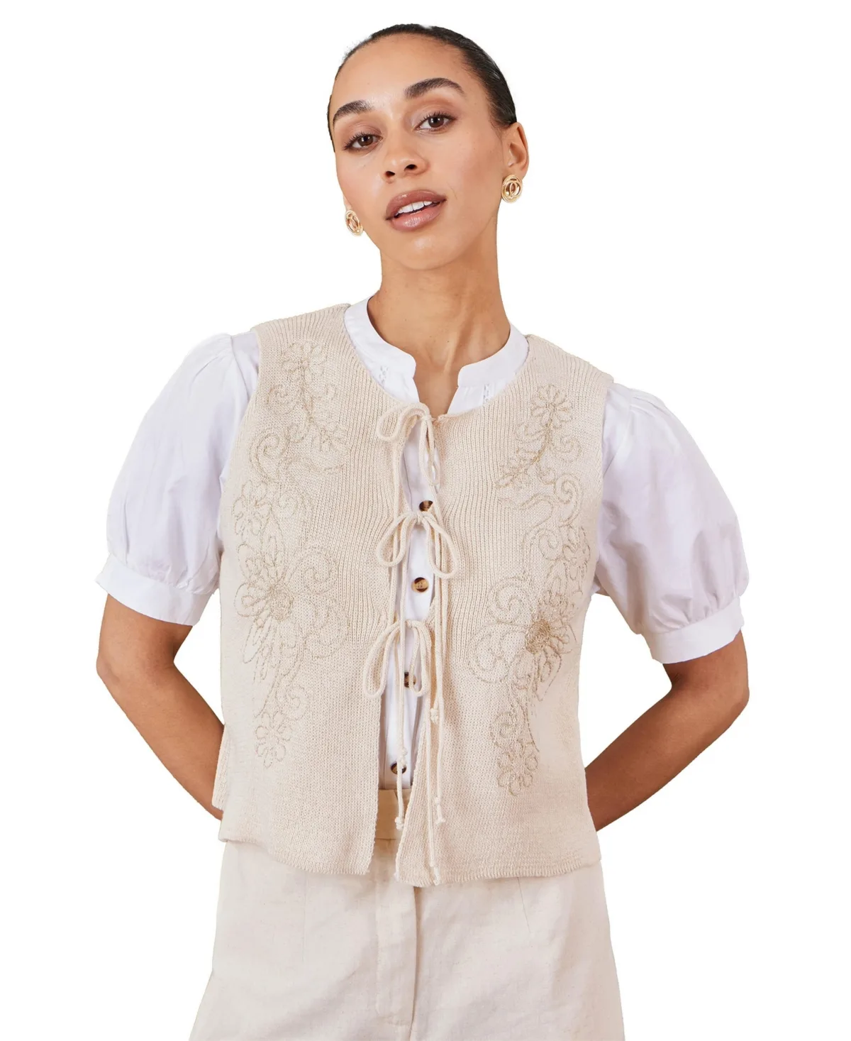 Embroidered Tie Front Waistcoat by Yumi