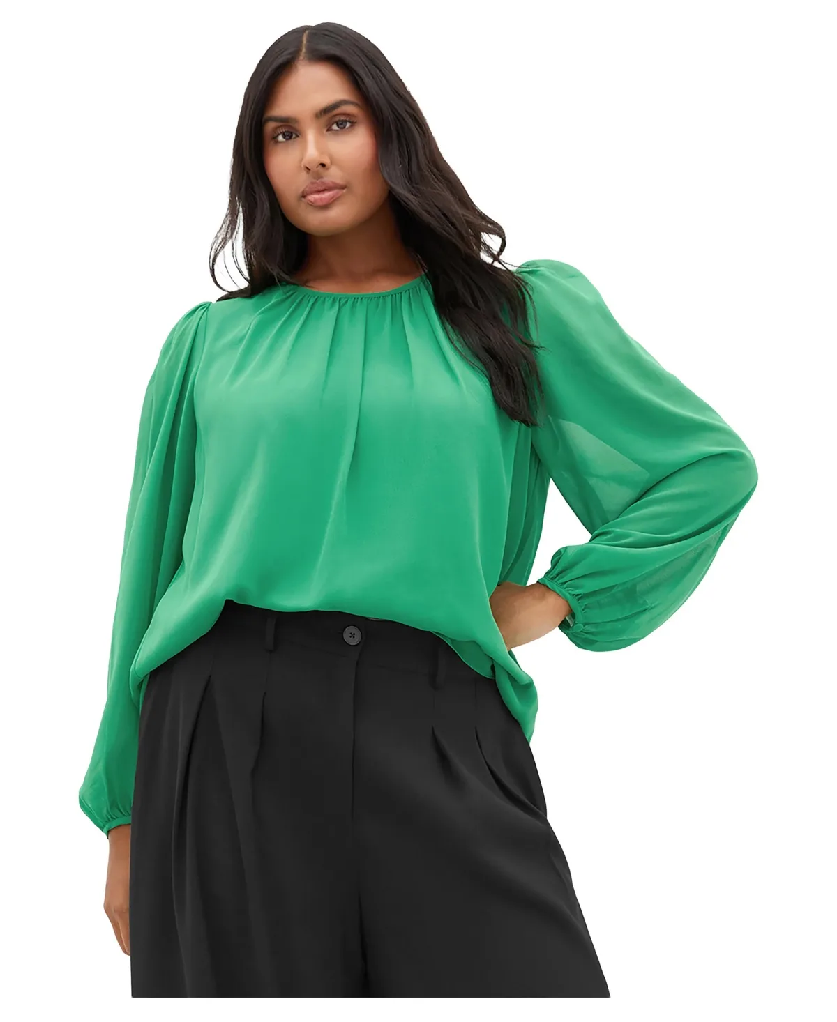 Sheer-Sleeve Crewneck Blouse by City Chic