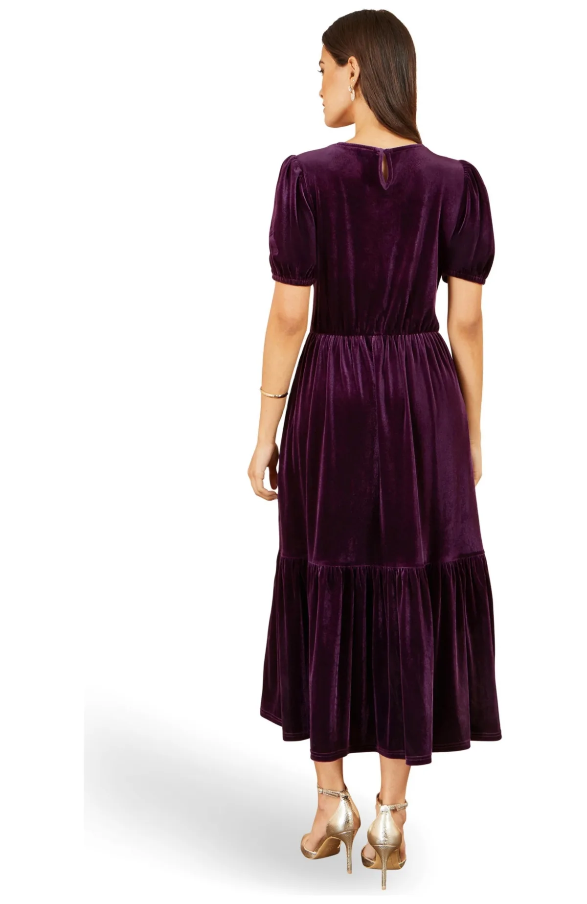Puff-Sleeve V-Neck Tiered Velvet Midi Dress by Yumi