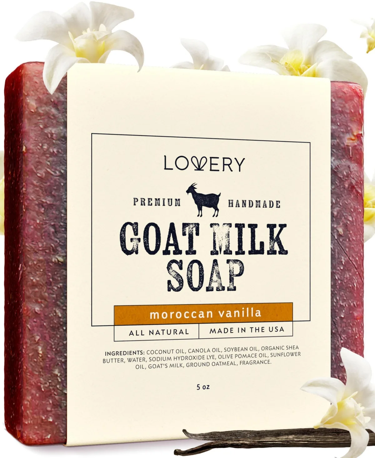 Handmade Goat Milk Soap Bar Made in Usa with Shea Butter and Oatmeal Moroccan Vanilla Scent, Soap, 5 oz by Lovery